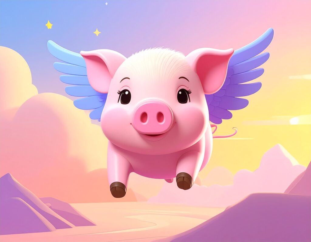 Darstellung eines Adynatons: Ein niedliches, rosa Schwein mit blauen Flügeln fliegt fröhlich durch einen pastellfarbenen Himmel. Der Hintergrund zeigt sanfte Wolken und Berge in Rosa- und Gelbtönen, was der Szene eine verträumte, märchenhafte Atmosphäre verleiht.
