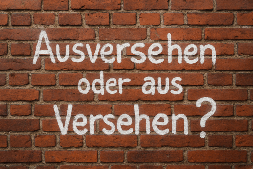 Rote Backsteinwand, auf der mit weißem Graffiti gesprüht ist: "Ausversehen oder aus Versehen?".