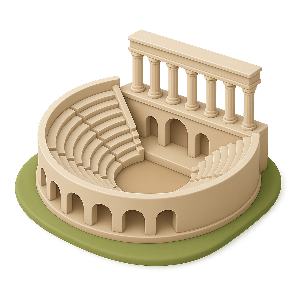 Illustration eines stilisierten antiken Amphitheaters mit Säulen und Rundbögen auf grünem Untergrund – Symbolbild für das Adynaton als überhöhte Darstellung des Unmöglichen in der Rhetorik.