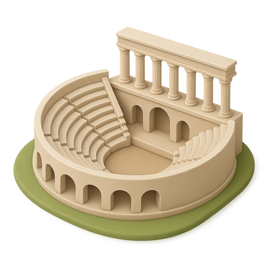 Illustration eines stilisierten antiken Amphitheaters mit Säulen und Rundbögen auf grünem Untergrund – Symbolbild für das Adynaton als überhöhte Darstellung des Unmöglichen in der Rhetorik.